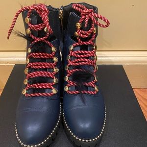 Cecelia New York Trekker Boot in navy blue w/ genuine fox fur trim